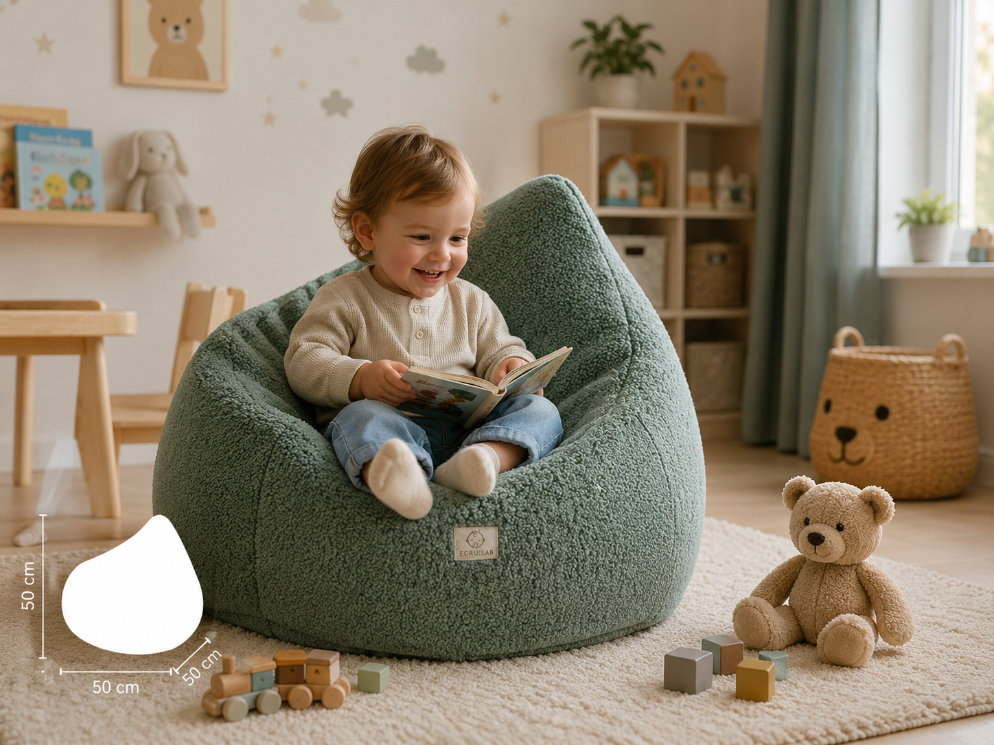 Bouclé sedací pytel pro děti SOFTELLO - olivový - Obrázek 5