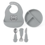 Dětský silikonový set FreeON - šedý talíř, příbor a bryndák